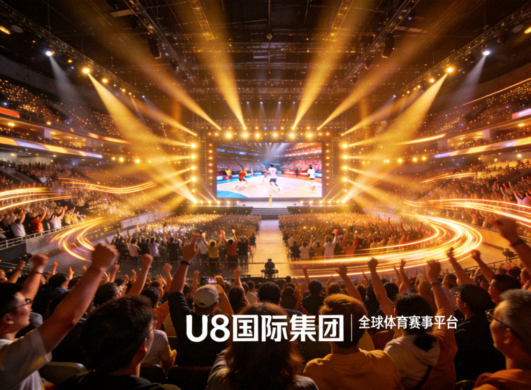 大型体育赛事现场观众席与灯光氛围，U8国际集团平台介绍配图