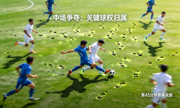 足球比赛中场球员争抢球权的瞬间，对应赛事战报配图